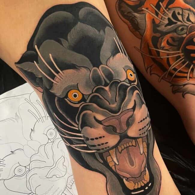 Traditional Colour Realism Portrait Panther Detailed Whiskers Sharp Tooth Fierce Eye Ears Tongue Leg Knee Tattoo