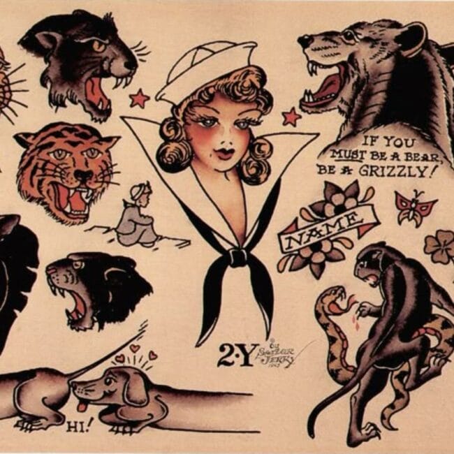 Traditional Colour Script Lettering Sailor Jerry Panther Snake Dog Tiger Sharp Teeth Eyes Whiskers Flash Tattoo