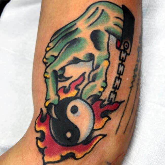 Traditional Colour Yin Yang Bold Lines Skeleton Hand Sharp Nails Flames Broken Chain Forearm Arm Tattoo