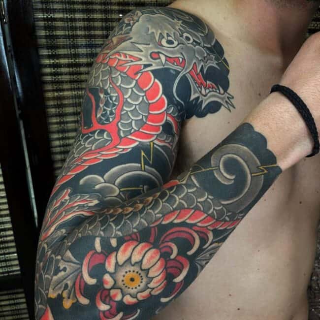 Traditional Japanese Colour Geometric Irezumi Full Body Dragon Sharp Claws Paws Teeth Horns Scales Spine Body Flowers Arm Sleeve Tattoo