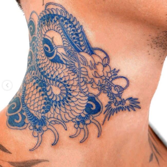 Traditional Japanese Geometric Full Body Blue Dragon Detailed Belly Eyes Nose Sharp Spine Claws Paws Teeth Horns Neck Tattoo