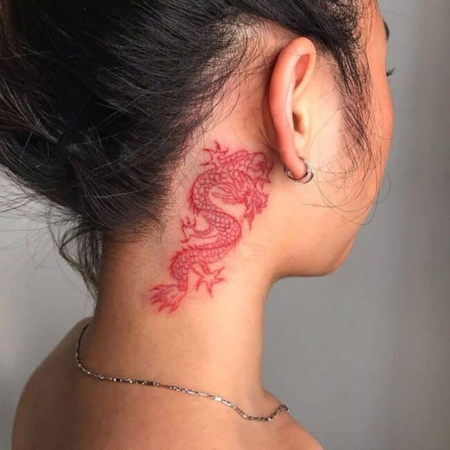 Traditional Japanese Minimalist Fine Line Full Body Red Dragon Belly Eyes Nose Sharp Spine Claws Paws Teeth Horns Neck Tattoo