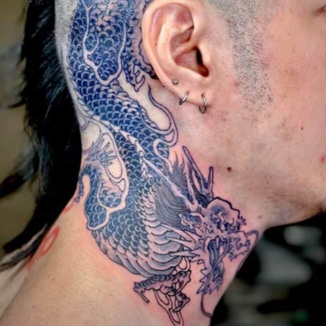 Traditional Realism Chinese Full Body Blue Dragon Detailed Belly Eyes Nose Sharp Spine Claws Paws Teeth Horns Head Neck Tattoo