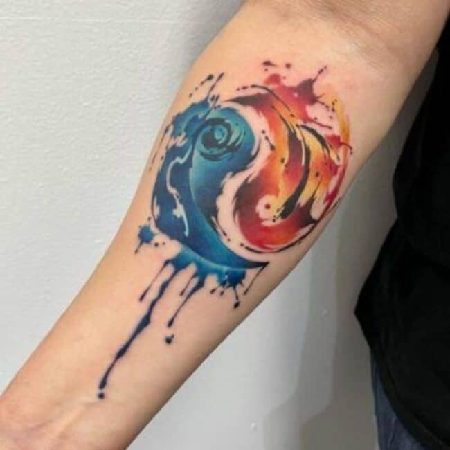 Traditional Watercolour Yin Yang Deatiled Dots Splashes of Fire and Ice Flowing Water Forearm Tattoo