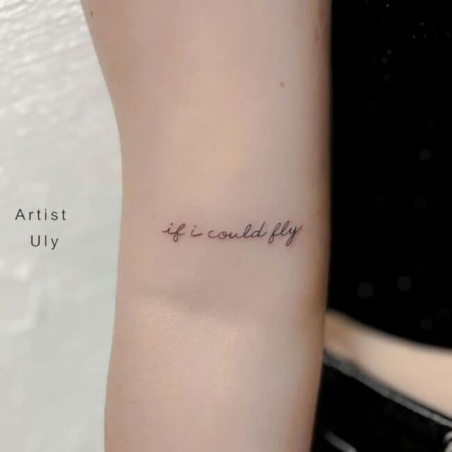 Uly Tattoo Artist Black and Grey Minimalist Fine Line Script Lettering Calligraphy Letters Arm Forearm Tattoo