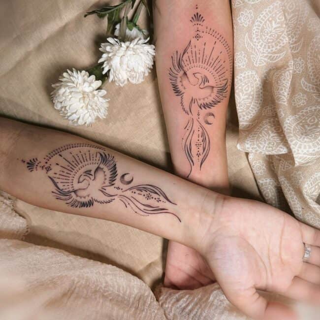 Fine Line Geometric Mandala Whole Body Phoenix Pointed Beak Crest Outstretched Wings Tail Stars Half Moon Match Forearm Tattoo