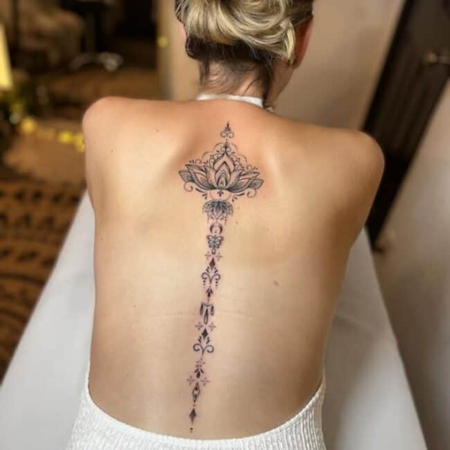 Black and Grey Mandala Geometric Vertical Flower Diamond Petals Stars Crescent Moon Phase Element Pattern Spine Back Tattoo