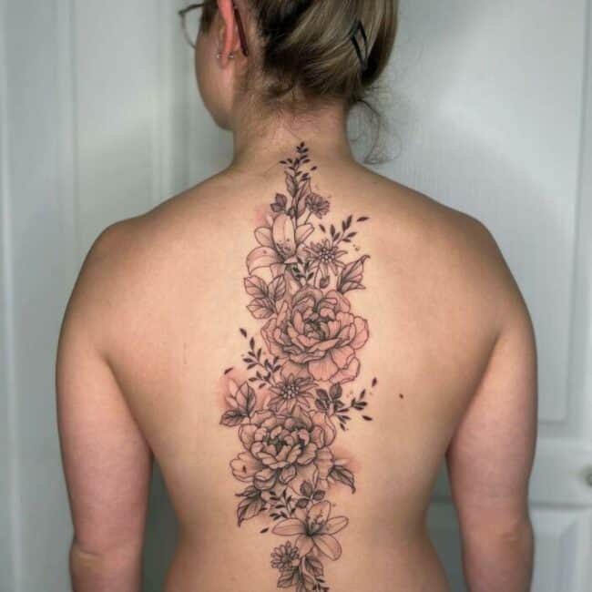 Black and Grey Realism Vertical Assorted Flowers Bloom Leaves Petals Sepals Stems Pistils Peduncles Stamens Spine Back Tattoo