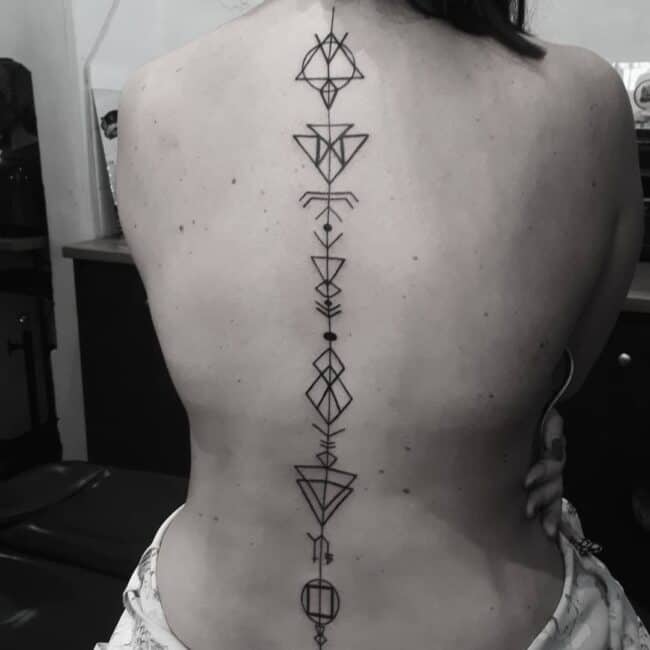 Geometric Fine Line Triangle Round Straight Lines Dots Diamond Shape Elements Spine Back Tattoo