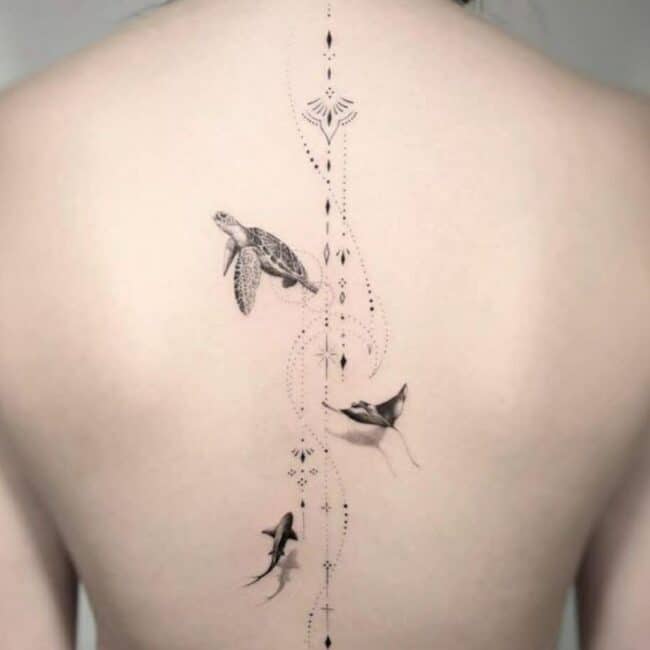 Geometric Mandala Vertical Dots Lines Sea Turtle Shark Manta Ray Diamond Star Elements Spine Back Tattoo