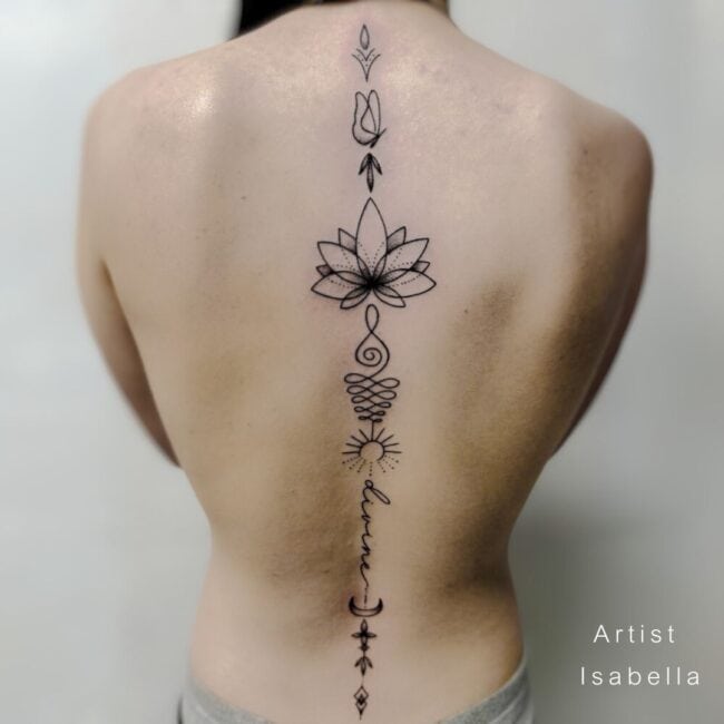 Isabella Tattoo Artist Black and Grey Mandala Geometric Script Lettering Vertical Flower Diamond Petals Stars Crescent Moon Phase Element Pattern Spine Back Tattoo