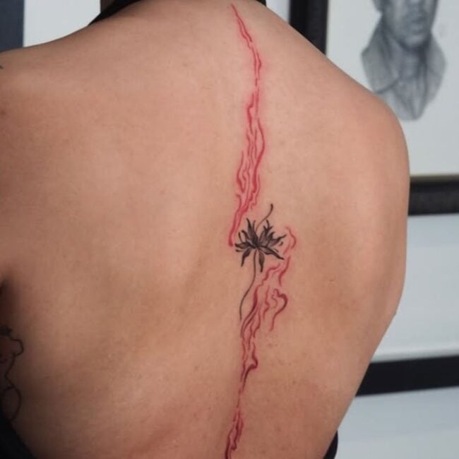Tribal Colour Symbolic Flowing Flames Red Lines Abstract Vertical Shapes Flower Petals Stem Spine Back Tattoo